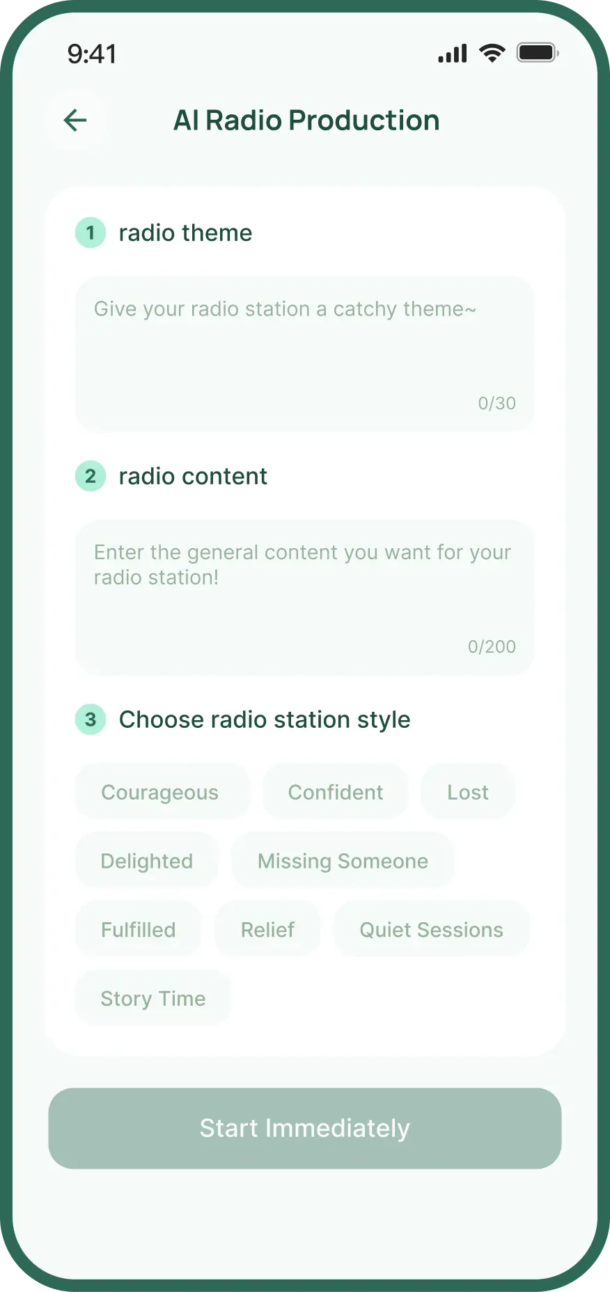 AI Radio Production app screen